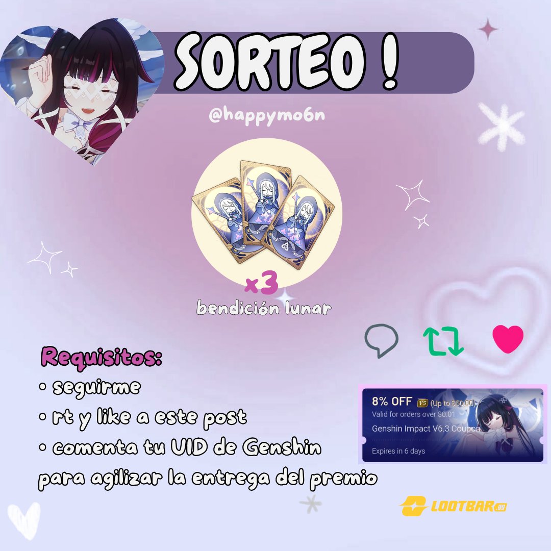 SORTEO 
para GENSHIN 🪽

bendición lunar 🌙 
 3 ganadores !!!

follow, rt , comenta uid 

me ayudan a traer más sorteos haciendo sus compritas desde mi tiendita donde tienen muchos descuentos 🎰 
lootbar.gg/shop/marigajas