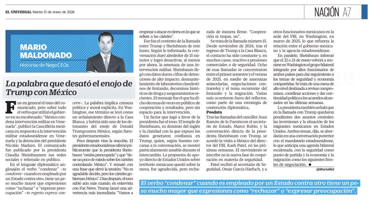 MarioMal's tweet image. La palabra que desató el enojo de Trump con México

Fue en general el tono del comunicado, pero sobre todo el verbo que utilizó el gobierno en su encabezado: “México condena intervención militar en Venezuela”, publicó la Cancillería mexicana en respuesta a la intervención militar…