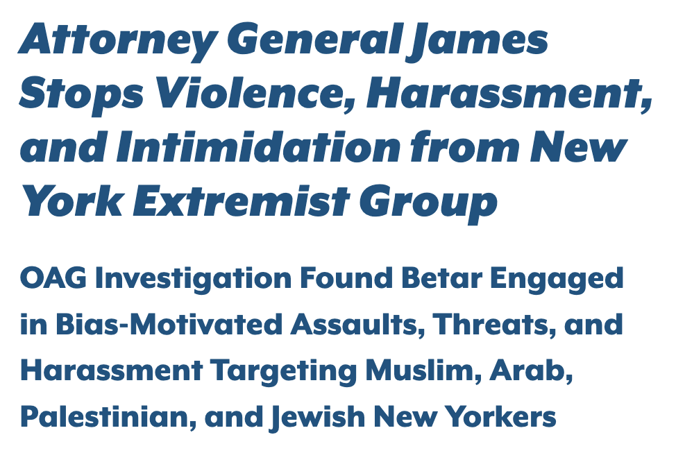 prem_thakker's tweet image. News: NY Attorney General Tish James announces deal to dissolve anti-speech group Betar.

James investigated Betar for targeting "Muslim, Arab, Palestinian, and Jewish New Yorkers."

Betar is among groups that's taken credit for pushing the Trump admin to detain Mahmoud Khalil.