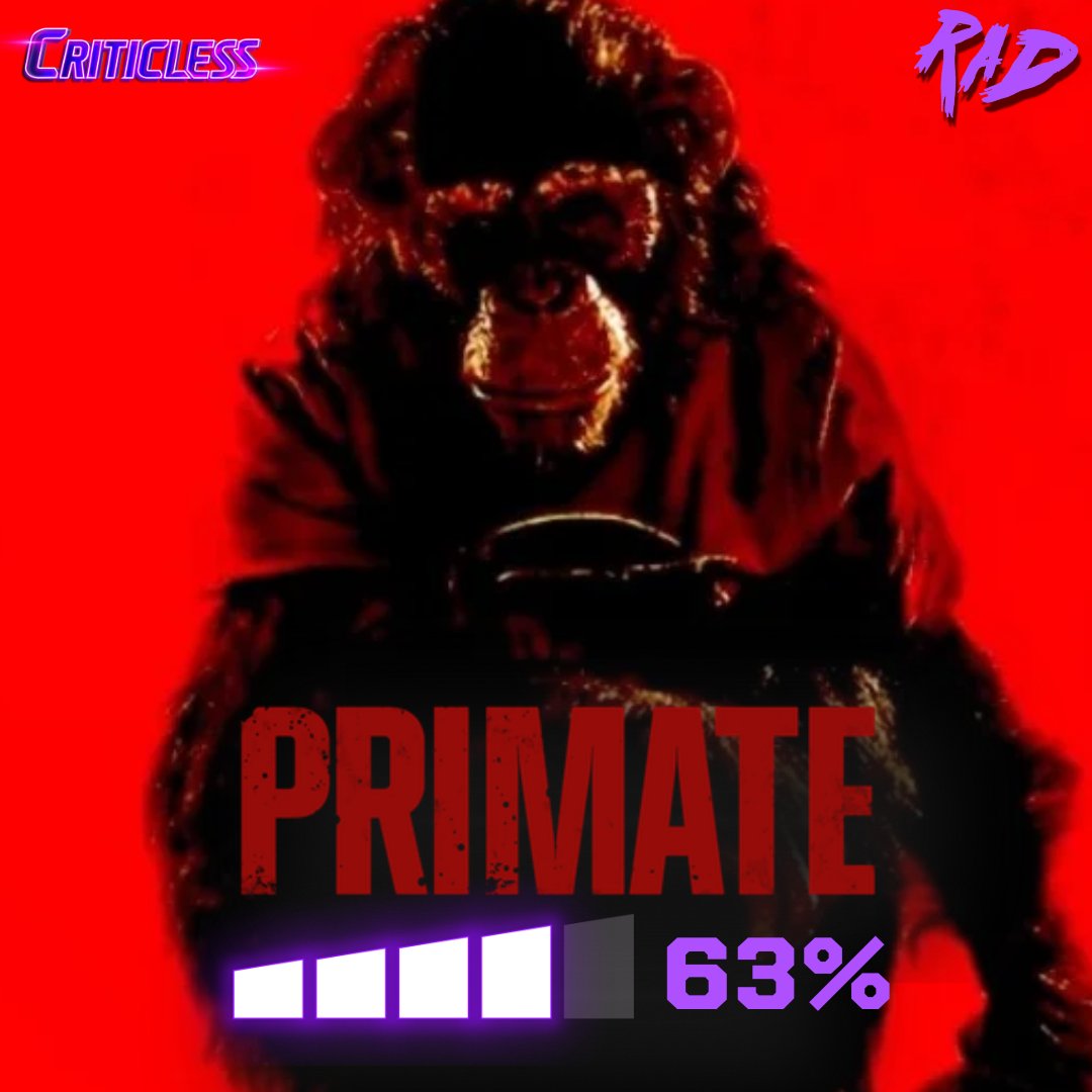 Criticless_inc's tweet image. PRIMATE is out — basically Cujo with a rabid chimp! Fast, gory, brutal fun. Young woman + friends/family face their beloved pet Ben turned killer after a rabies bite. Pool party → total chaos. 63% Who caught Primate this weekend?