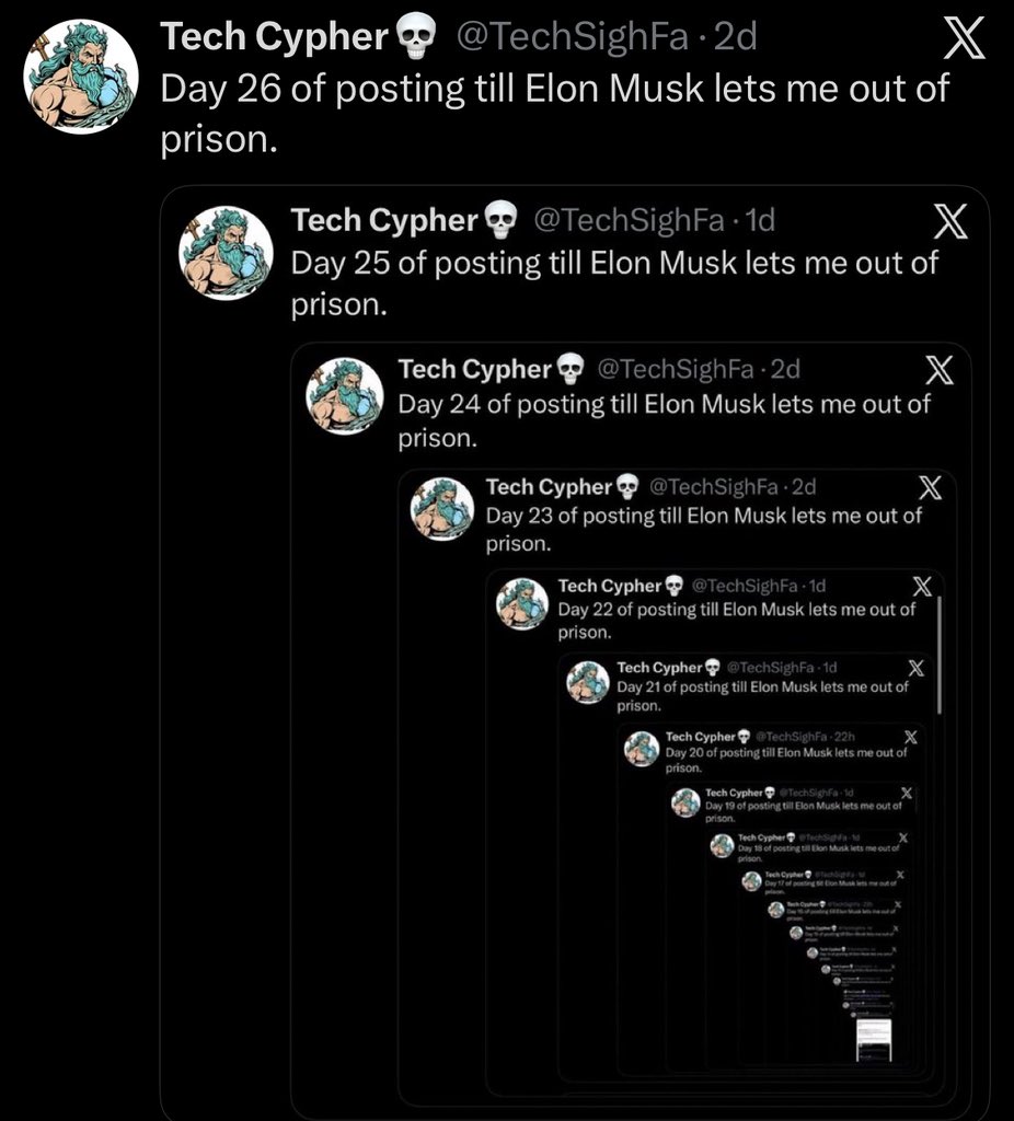 TechSighFa's tweet image. Day 27 of posting till Elon Musk lets me out of prison.