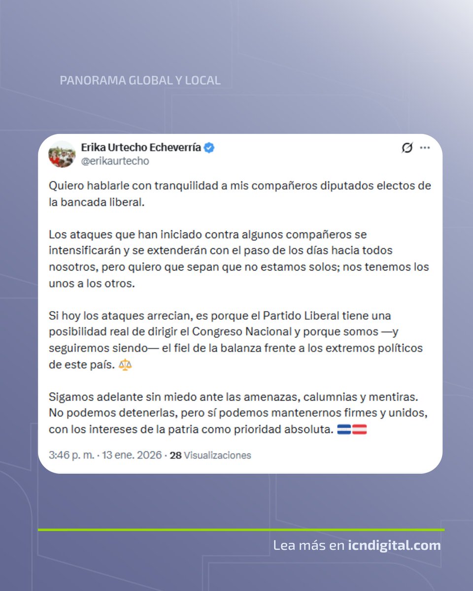 #Política 🔴| “𝐍𝐨 𝐞𝐬𝐭𝐚𝐦𝐨𝐬 𝐬𝐨𝐥𝐨𝐬”: 𝐄𝐫𝐢𝐤𝐚 𝐔𝐫𝐭𝐞𝐜𝐡𝐨 𝐥𝐥𝐚𝐦𝐚 𝐚 𝐥𝐚 𝐮𝐧𝐢𝐝𝐚𝐝 𝐝𝐞 𝐥𝐚 𝐛𝐚𝐧𝐜𝐚𝐝𝐚 𝐥𝐢𝐛𝐞𝐫𝐚𝐥

La diputada del Partido Liberal de Honduras, Erika Urtecho Echeverría (<a href="/erikaurtecho/">Erika Urtecho Echeverría</a>), hizo este martes un llamado a la unidad y