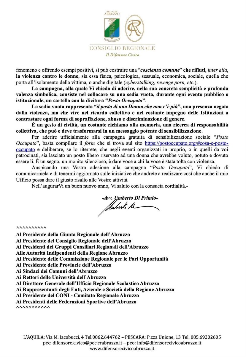 #postoccupato #difesacivicaabruzzo ho aderito, alla campagna di sensibilizzazione sociale Posto Occupato e chiesto alle istituzioni regionali e locali abruzzesi, al CONI e alle federazioni sportive di fare lo stesso. Il posto per una donna che avrebbe potuto esserci...