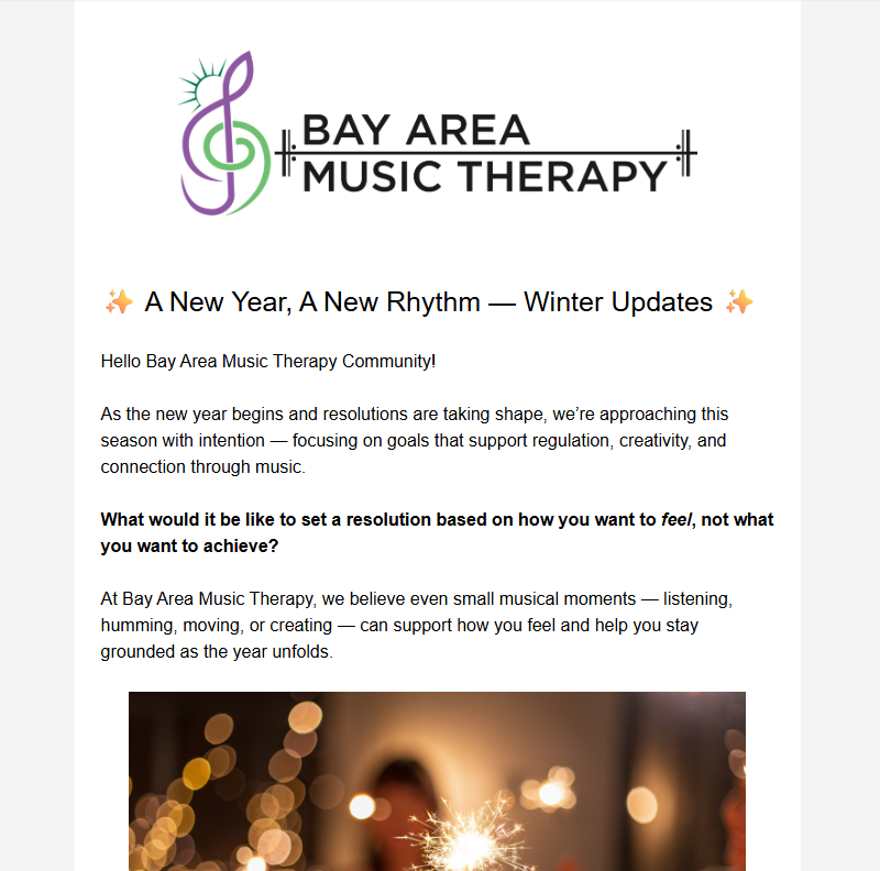 BayAreaMusicTx's tweet photo. Our latest newsletter offers a gentle reminder: progress doesn’t always look the way we expect. Inside, we share reflections from one of our music therapists on embracing uncertainty, honoring rest, and trusting the process. We hope it resonates as you begin the year. 🌱🎶 https://t.co/E5vUlZKofq