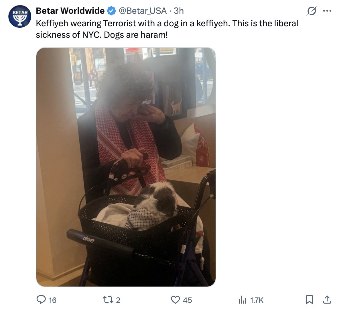 prem_thakker's tweet image. Just hours before NY Attorney General announced a deal directing Betar to stop harassing or targeting New Yorkers, Betar tweeted this picture of an older woman in NYC and calls her a "terrorist."

(Betar is subject to a $50,000 fine for violating the deal with behavior like this)
