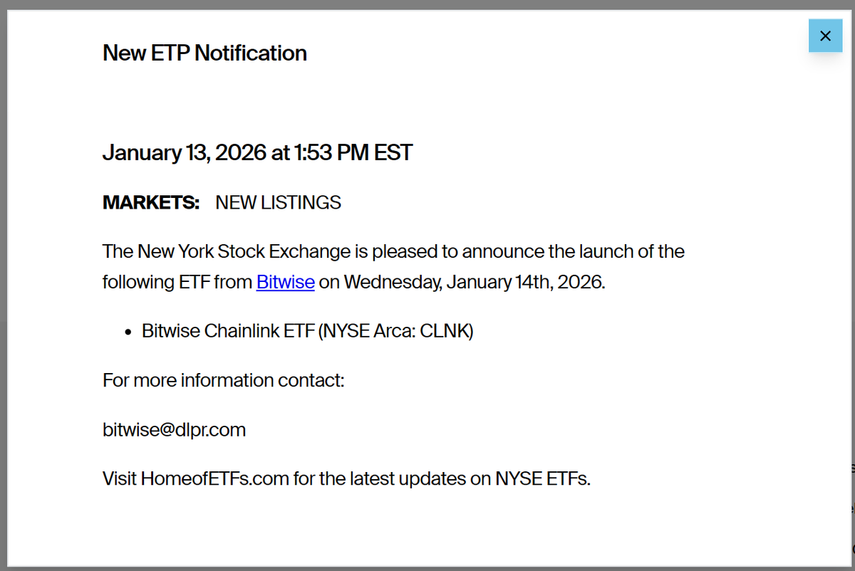 Chainlink ETF listing tomorrow, Jan 14, 2026 Wednesday Bitwise Chainlink ETF  $CLNK Fees: 0.34% p.a., but waived for the first $500 million for the first  three months from initial listing. Prospectus: https://t.co/Vb5pCMMQoX