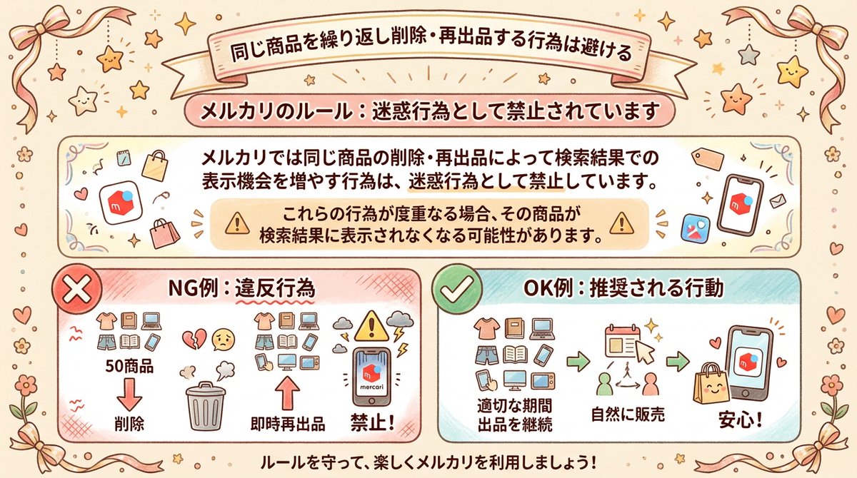再出品2回目 要注意！ 『削除→再出品』を繰り返すのはNG。 商品がなかなか売れない