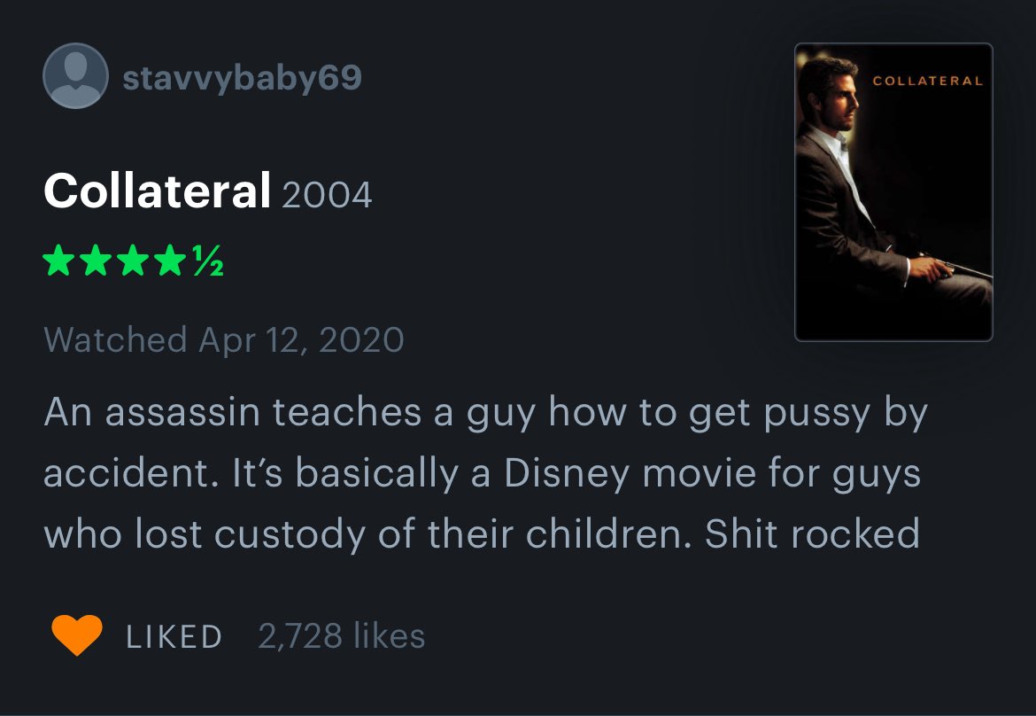 1800ghostman's tweet image. Rewatched Collateral. Still the best Letterboxd review ever.