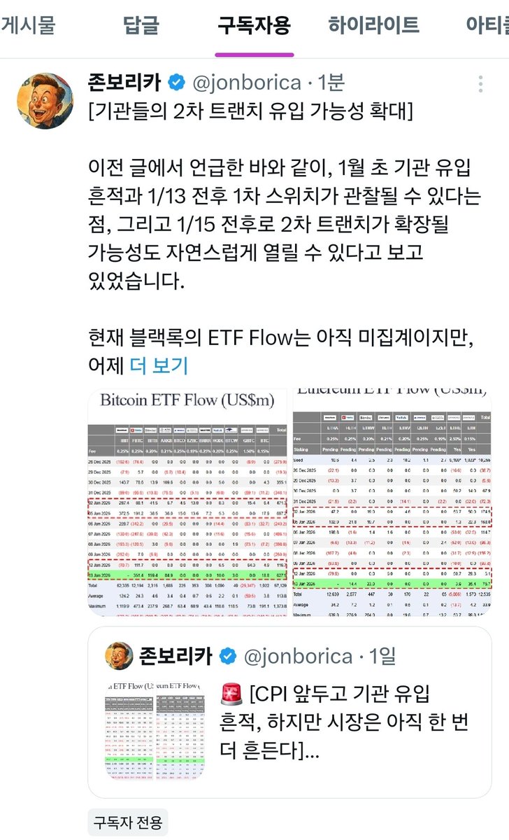 어제 비트코인과 이더리움에 기관들의 2차 트랜치 유입 가능성이 높아보입니다. 앞으로는 어떻게 흘러갈까요? 더 자세한 내용은 구독자  채널에 정리해 두었습니다. 관심 있으신 분들은 시간이 되실 때 한 번 살펴보셔도 좋을 것 같습니다. $BTC $