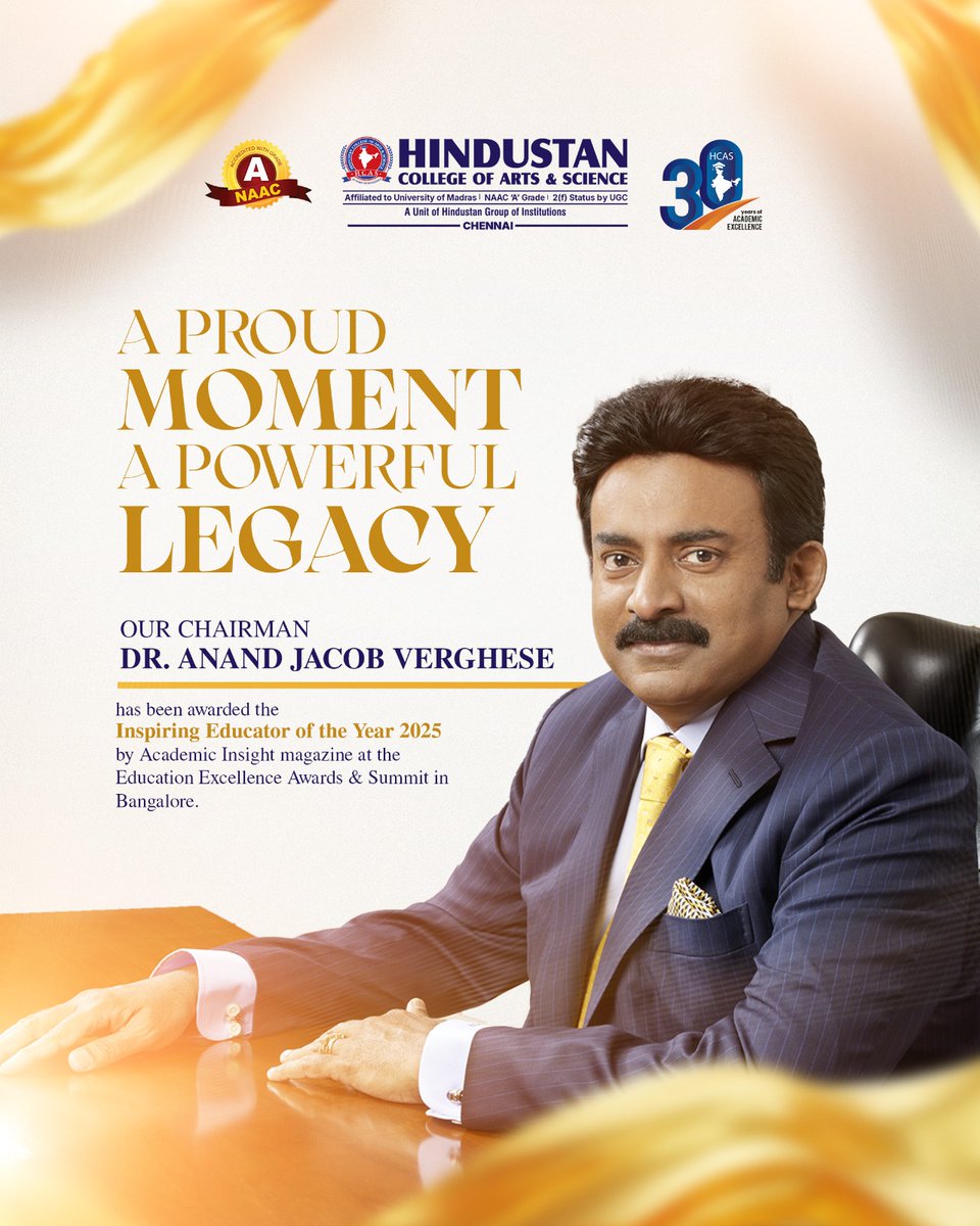 HCAS_chennai's tweet photo. A Proud Moment. A Powerful Legacy. 
Our Chairman Dr. Anand Jacob Verghese has been honoured as Inspiring Educator of the Year 2025 by Academic Insight Magazine at the Education Excellence Awards &amp; Summit, Bangalore.

#Education #AcademicExcellence #HCAS #EducationAwards https://t.co/QSgbmEZwgY