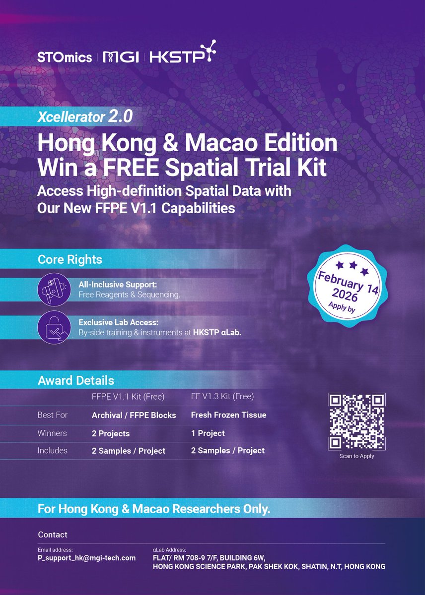ST_Omics's tweet photo. 🇭🇰🇲🇴 Hong Kong & Macao Researchers: Win a FREE Spatial Kit!
Don't let samples sit in storage. 🧬 Turn them into data with STOmics Xcellerator 2.0 to get free reagents & exclusive HKSTP αlab access.
Ready to upgrade? 🚀
🔗https://t.co/Hv1ycx8erG
#SpatialOmics #STOmics #HKSTP https://t.co/aBD3sAh2jL