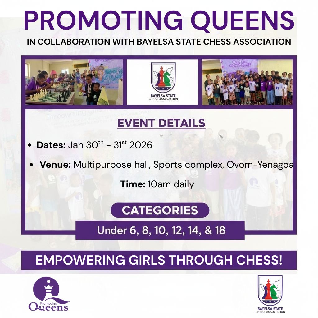 It's yet another time of the year again to groom our little chess Queens of Bayelsa.
Our very own FM Kigigha Bomo takes the lead with his superb coaching experience. 
Season 2 promises to be epic. Registration is now open, simply use the link below:

forms.gle/b4kiLPbZJgERn4…