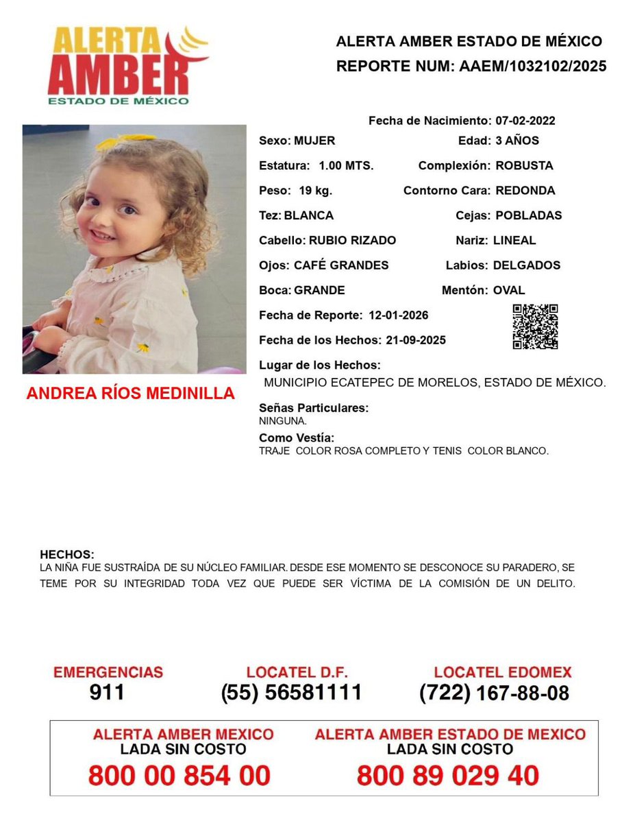 MarionIsabella1's tweet image. 📢 Ayuda a encontrar a Andrea 📢
Por favor comparte y apoya la búsqueda de Andrea Ríos Medinilla, una niña de 3 años desaparecida desde el 21 de septiembre de 2025 en Ecatepec, Estado de México.

📍 Vestía traje color rosa completo y tenis blancos.
☎️ Si sabes algo, informa a:
📞…