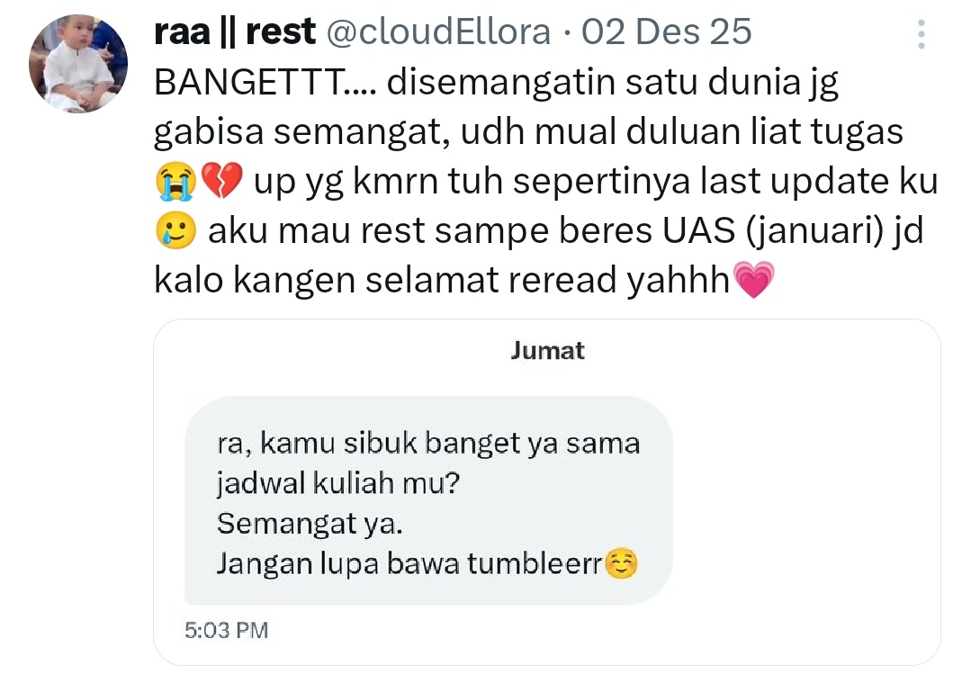 cloudEllora's tweet image. t-tapi aku kalo mau ngilang tuh pasti bilang yahhh, sengaja aku post di media biar gak tenggelam😭 bahkan dah ada tulisan "rest" nya. Emg yg bisa membawaku muncul ke permukaan cuma si JISUNG JISUNG itu😭