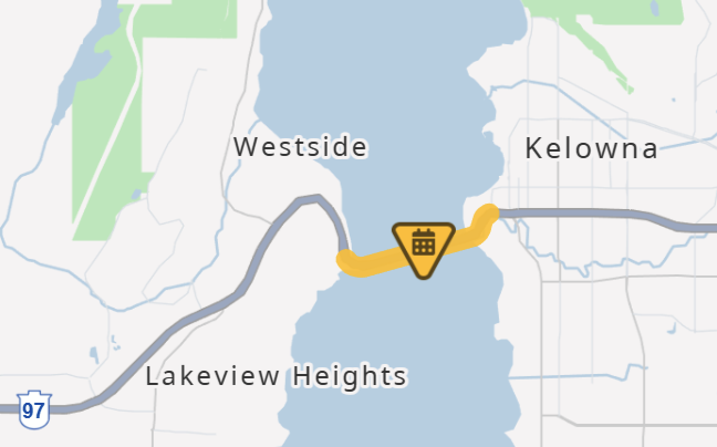 DriveBC's tweet photo. 🦺#BCHwy97 - night time bridge maintenance will be happening southbound between Campbell Rd and Abbott St starting at 9:00pm on Wednesday.
#Kelowna #WilliamRBennettBridge
ℹ️https://t.co/iDXKqUfL9U https://t.co/ov8bH4r4cC