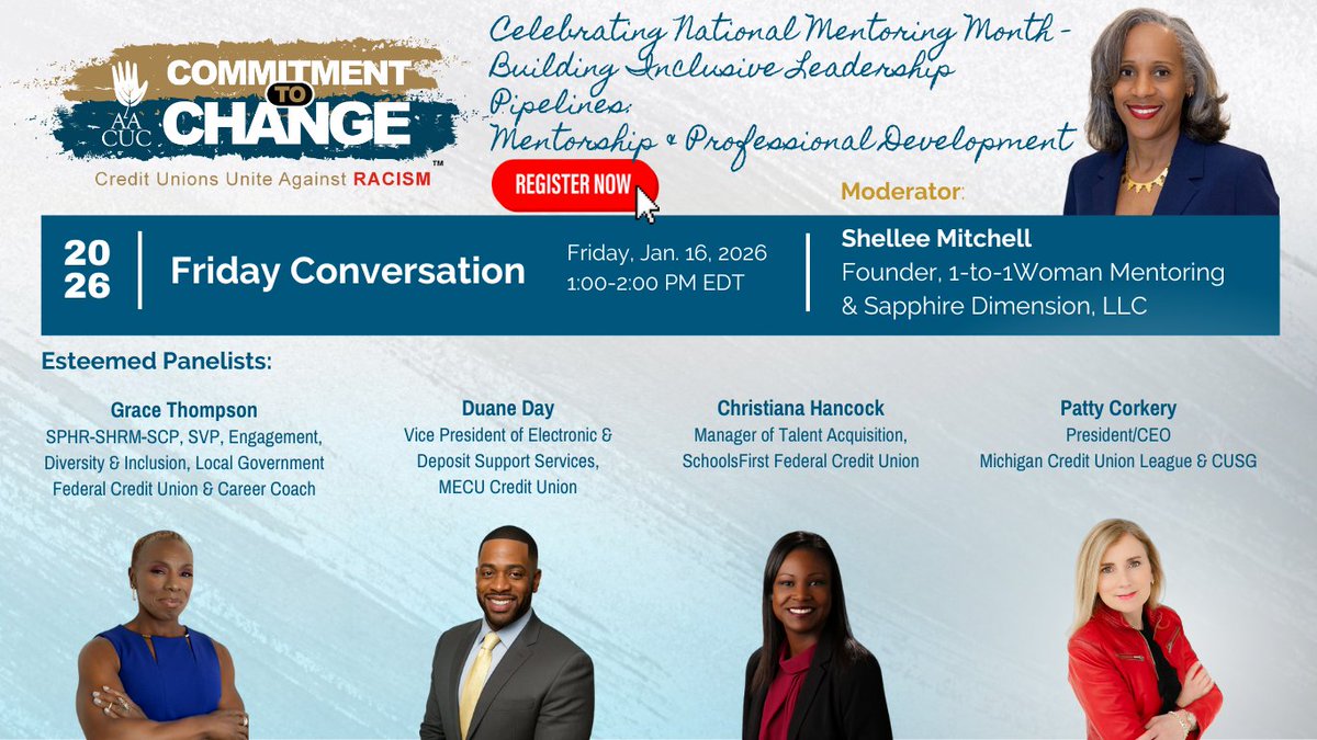 AACUC1's tweet image. Join us for our January CTC Friday Conversation: “Celebrating National Mentoring Month - Building Inclusive Leadership Pipelines: Mentorship and Professional Development.”

It’s all happening this Friday! Register now!
members.aacuc.org/ap/Events/Regi…

#AACUCCTC #CommitmentToChange
