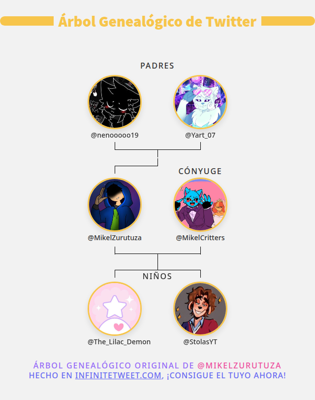 👨‍👩‍👧‍👦 Mi Familia de Twitter:
👫 Padres: <a href="/nenooooo19/">neno</a> <a href="/Yart_07/">Yart07</a>
👰 Cónyuge: <a href="/MikelCritters/">Mikelcritters🔞</a>
👶 Niños: <a href="/The_Lilac_Demon/">Nayl ✨️❤️🪻</a> <a href="/StolasYT/">𖣂♱꧁⛥°StolasYT°⛥꧂♱ 𖣂</a>

➡️ infinitetweet.me/family-tree?la…