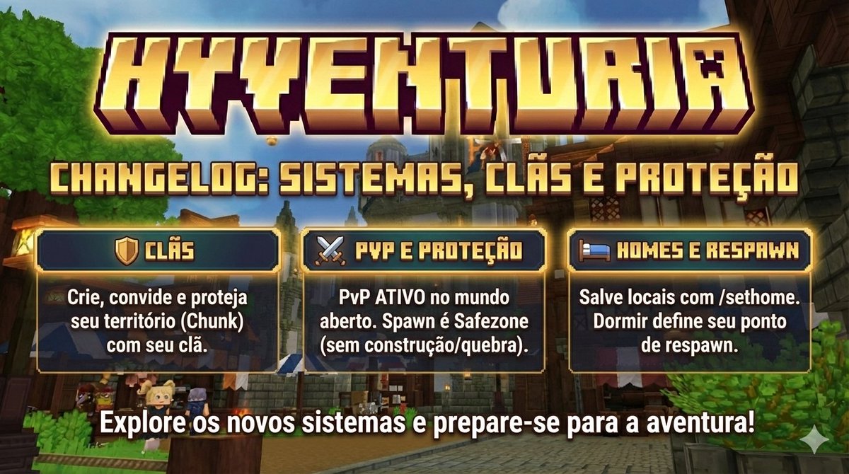 🛠️ UPDATE: SISTEMAS NO AR!

Acabamos de implementar a base do gameplay no HyVenturia.

✅ Sistema de Clãs (Com proteção de Core) ✅ Homes &amp; Teleportes ✅ PvP Ativo (Cuidado com o Fogo Amigo!)

Confira o resumo na imagem e entre para testar! 👇

🎟️ Código: HOOC
#Hytale #HyVenturia