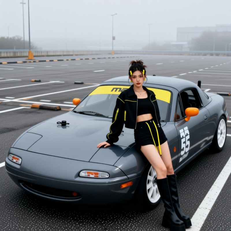 jason9394's tweet photo. Foggy lot, empty lanes, full attitude. 🌫️💛#Miata #NARoadster #Mazda #MX5 #StreetStyle #FoggyVibes #CarCulture #StreetStyle #JDMVibes #AI #RC #Tamiya #MChassis #M06 https://t.co/BrdhJZyWfc