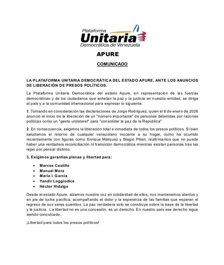 La Plataforma Unitaria del Estado Apure Solicita  la Liberación de los presos políticos de nuestra entidad Apureña.
<a href="/delsasolorzano/">Delsa Solorzano</a>
<a href="/EnCiudadanoVzla/">Encuentro Ciudadano</a>