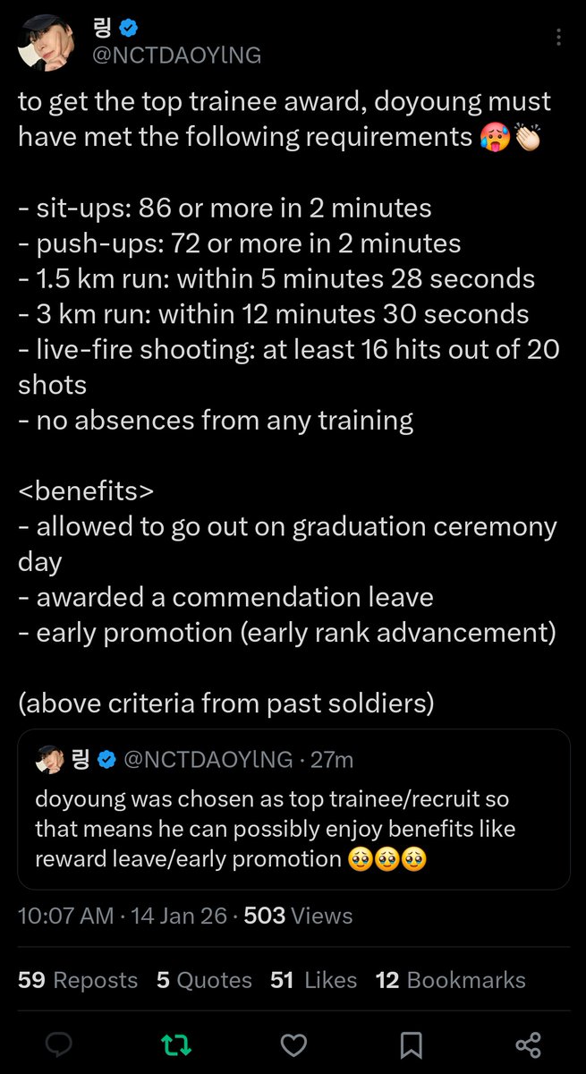 truebluemooon's tweet image. โดยองได้รางวัล top trainee (ทหารชั้นนำ) คือต้องทำสิ่งพวกนี้ได้หมด

ซิทอัพ 86 ครั้ง+ ใน 2 นาที
วิดพื้น 72 ครั้ง+ ใน 2 นาที
วิ่งระยะ 1.5 กิโล ภายใน 5 นาที 28 วินาที
วิ่งระยะ 3 กิโล ภายใน 12 นาที 30 วินาที
ยิงปืนได้อย่างน้อย 16 ใน 20
ไม่ขาดการฝึกสักครั้ง