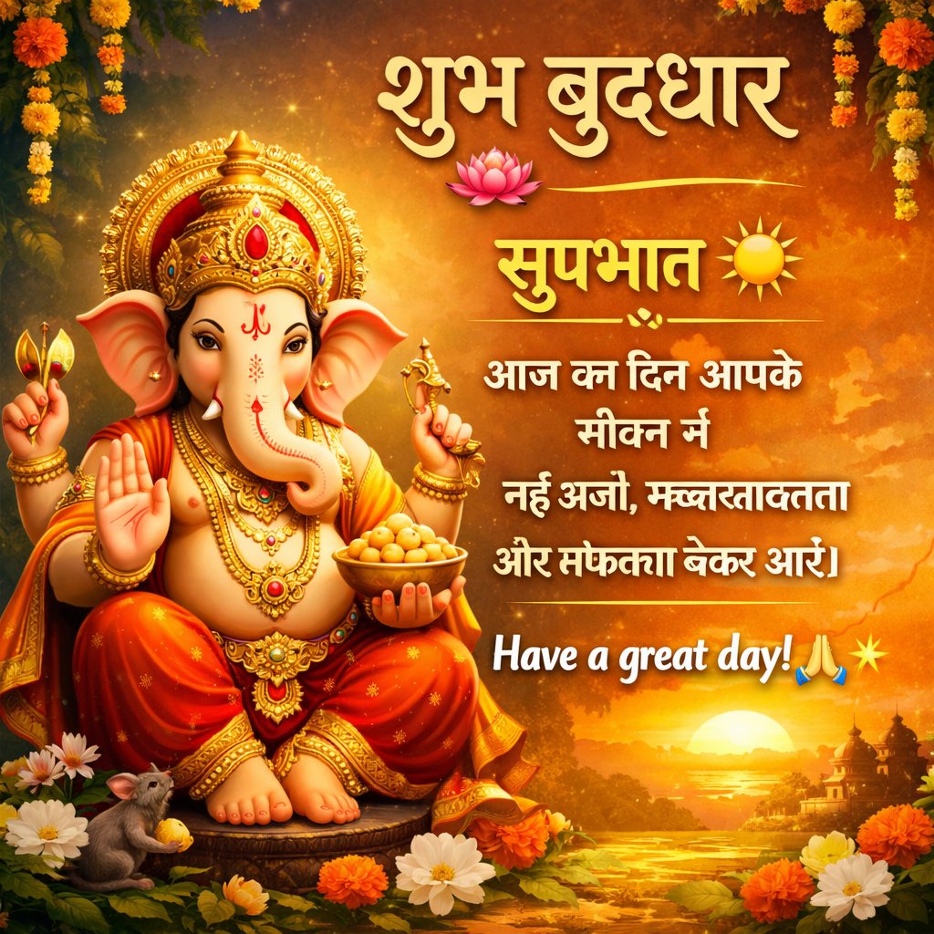 शुभ बुधवार 🌸
सुप्रभात ☀️
आज का दिन आपके जीवन में
नई ऊर्जा, सकारात्मकता
और सफलता लेकर आए।
Have a great day! 🙏✨