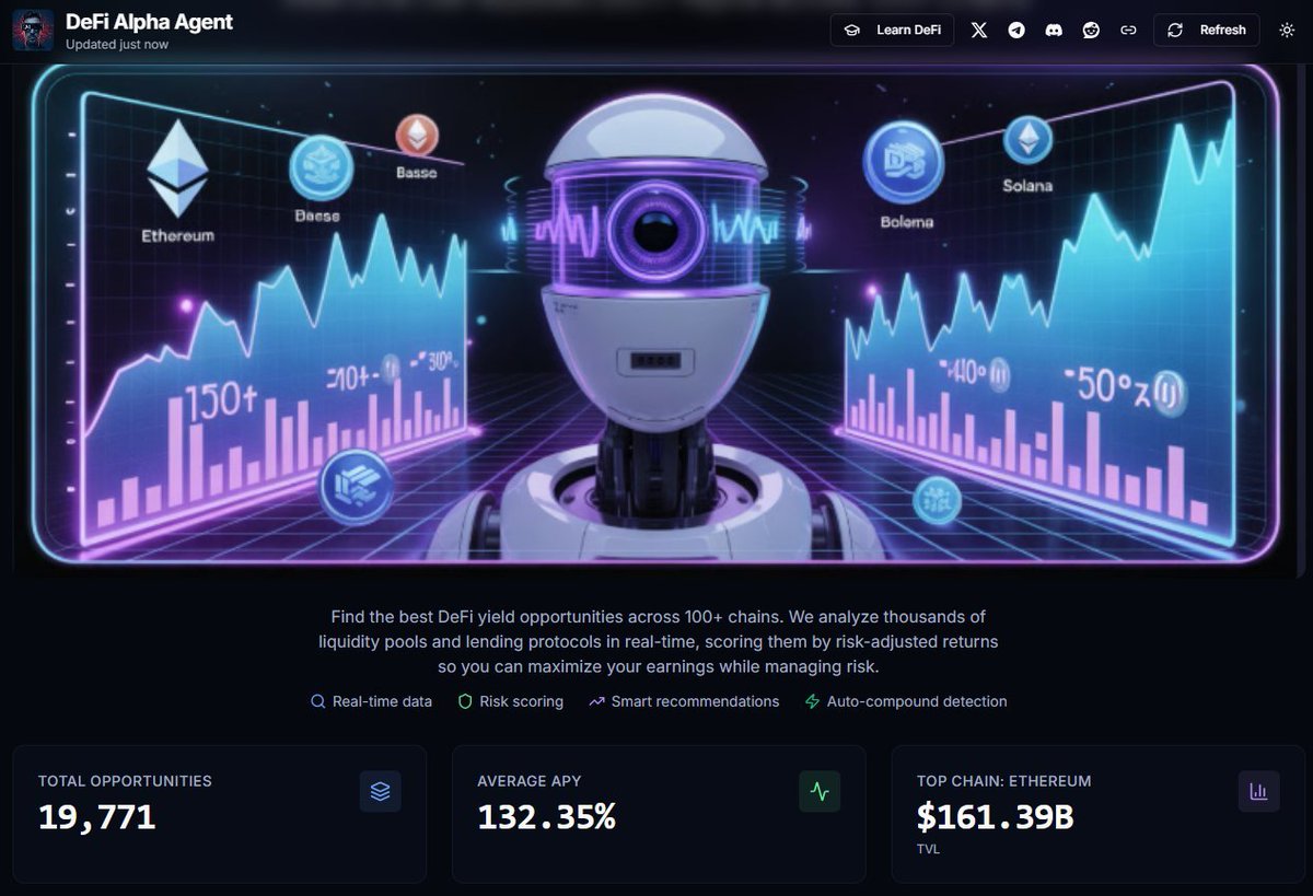 DefiAlphaAgent's tweet image. Find the best AI DeFi yield opportunities across 100+ chains. We analyze thousands of liquidity pools and lending protocols in real-time, scoring them by risk-adjusted returns so you can maximize your earnings while managing risk. defialphaagent.com