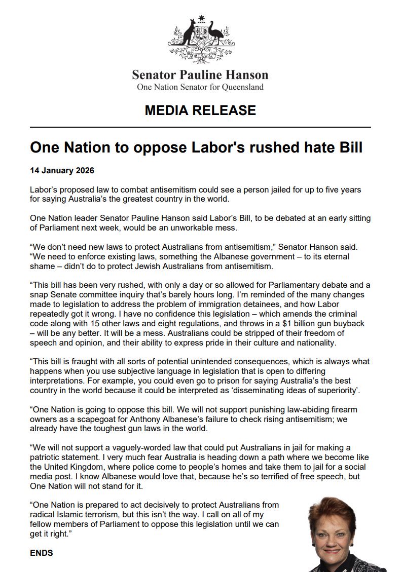 QBCCIntegrity's tweet image. BREAKING: @OneNationAus is the first party out of the rank to oppose Labor’s hate speech bill - IN FULL. 

“We don’t need new laws to protect Australians from antisemitism, we need to enforce existing laws” Senator @PaulineHansonOz said. 

This is a great signal to Australians.