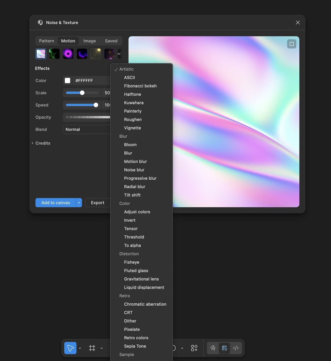 Noise &amp; texture got a massive update:

- Easy embeds
- Effects! (Halftone, dither, blurs, distortion, pixelate...)
- More patterns (wood, marble, rock, glitch paper)
- More motion shaders
- Image mode
- Color adjustments
