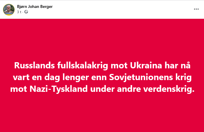 bjornberger's tweet photo. Russlands fullskalakrig mot Ukraina har nå vart en dag lenger enn Sovjetunionens krig mot Nazi-Tyskland under andre verdenskrig. https://t.co/dUrT969TRL