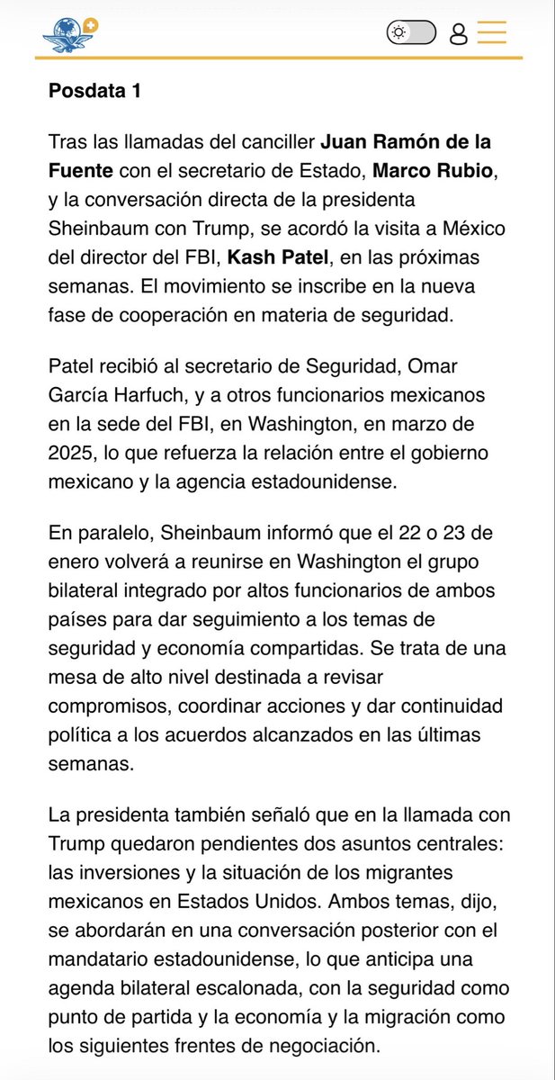 MarioMal's tweet image. Posdata 

El director del @FBI, @Kash_Patel, vendrá a México. Exclusiva en mi columna de @El_Universal_Mx 

Tras las llamadas del canciller Juan Ramón de la Fuente con el secretario de Estado, Marco Rubio, y la conversación directa de la presidenta Sheinbaum con Trump, se acordó…