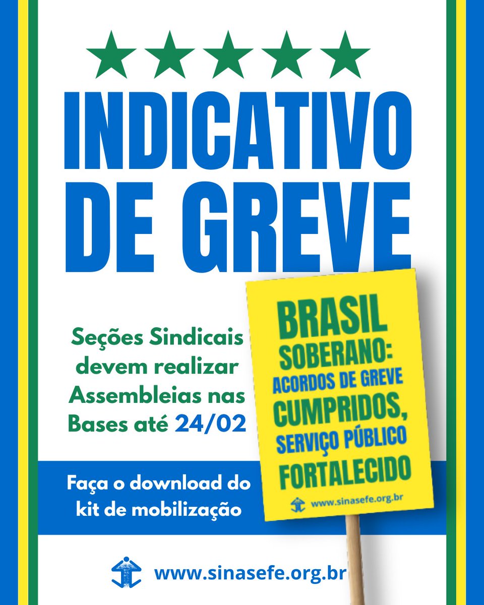 SINASEFE's tweet image. Indicativo de GREVE | Seções realizarão Assembleias até 24/02 para debater o Indicativo de Greve aprovado no 37º CONSINASEFE.

Para auxiliar no processo de mobilização, disponibilizamos modelos de cartazes, faixas e apresentação para Power Point.

Baixe: sinasefe.org.br/site/indicativ….