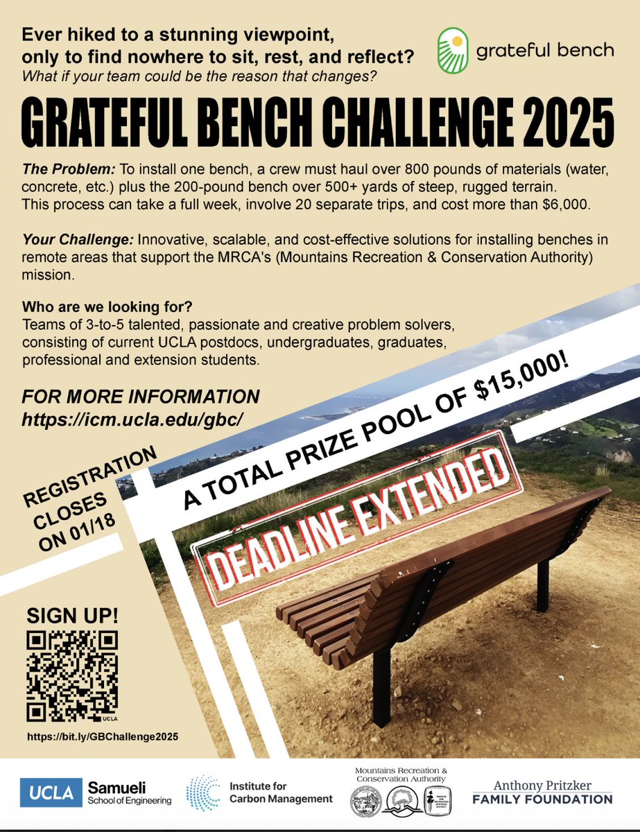 UCLAengineering's tweet image. 📢 Calling all interested @UCLA undergraduates, graduate students and postdocs to participate in the Grateful Bench Challenge. Deadline to register is THIS Sunday, January 18! icm.ucla.edu/gbc/
@MRCAParks @uclaextension