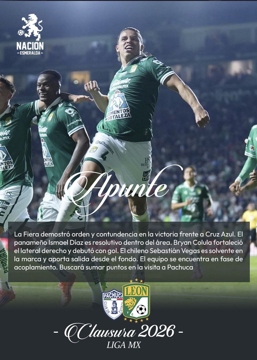 🖊️EL APUNTE│ Por <a href="/Jassovivero/">Ricardo Jasso Vivero</a> 

León mostró solidez y efectividad ante Cruz Azul. Destacaron Ismael Díaz, Colula con gol en su debut y Sebastián Vegas en defensa. El equipo sigue en ajuste y buscará sumar en Pachuca.