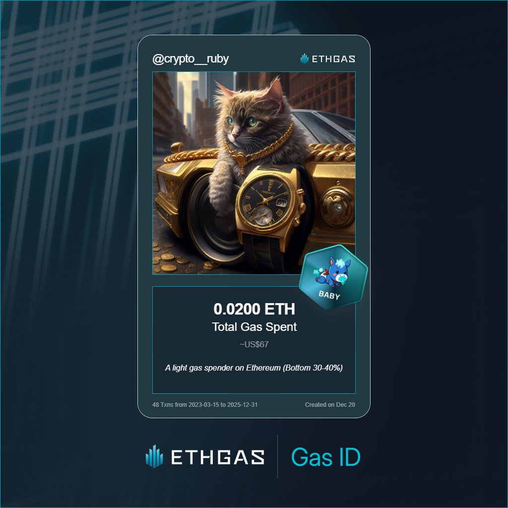 crypto__ruby's tweet image. Leveled up in the Great Gas Reckoning with ETHGas! 💪

Baby Jack status: 0.02 ETH gas spent, 4 Beans earned—supporting the Gasless Future!

Claim your Gas ID at ethgas.com/community/gas-…