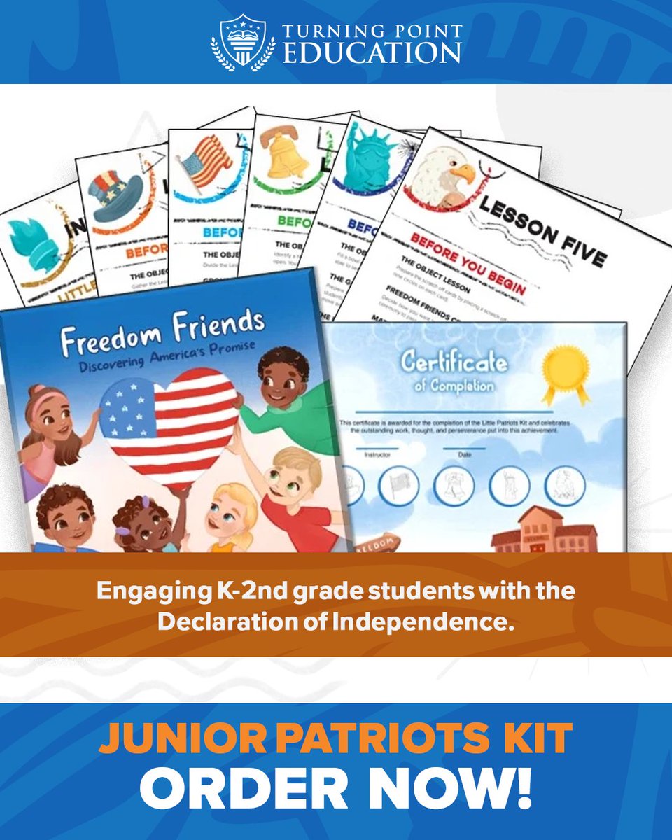 Introduce K–2nd grade students to America’s founding principles. 🇺🇸 

Our Junior Patriots Kit is a five-lesson unit with engaging games and activities that explore the Declaration of Independence. Order your free digital download today! 

shop.turningpointed.com/products/junio…