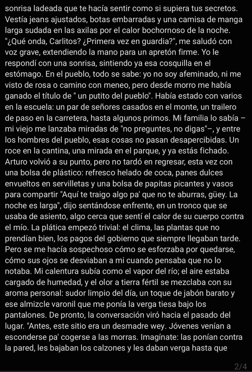 relatosincondon's tweet photo. Relato 2

Mi Compañero de Guardia en el Vivero Comunitario
 
la plática entre los dos se pone morbosa, una mano tantea verga sudada y con olor a macho, el río será testigo de lo que viene. #RelatosSinCondón #VergaSudada #MachoCasado #relatogay #OlorAMacho #oral https://t.co/EKuFrZDXJq