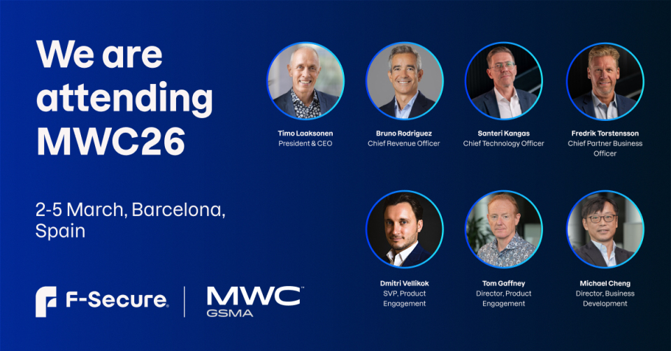 FSecure's tweet image. F-Secure will be attending MWC26 in Barcelona, March 2–5, connecting with telcos and broadband leaders to discuss cyber security, innovation, and partnerships.

Book a meeting with our experts to explore how our solutions helps protect your customers, build trust, and support…