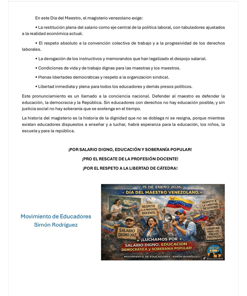Pronunciamiento/ Un llamado a la conciencia nacional. 
Defender al maestro es defender la educación, la democracia y la República. Sin educadores con derechos no hay educación posible, y sin justicia social no hay soberanía que se sostenga en el tiempo.
#15Enero
#DiaDelEducador
