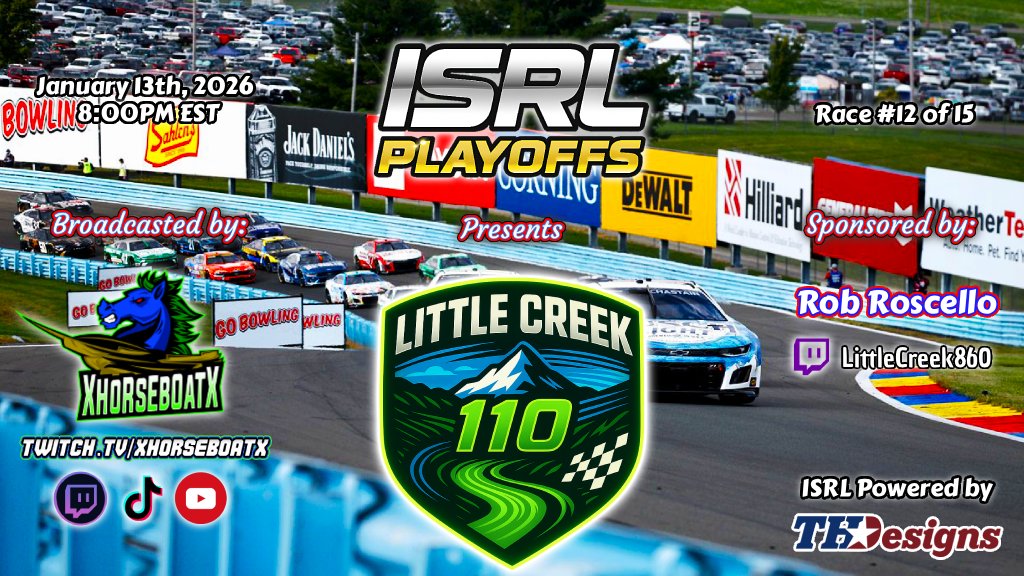 Tonight the ISRL heads to the Glen for the Little Creek 110 in the 2nd race of the ISRL Playoffs! Stream kicks off around 7:45PM EST for the pre-race show with Tom Torre! Enjoy a night out with us.
