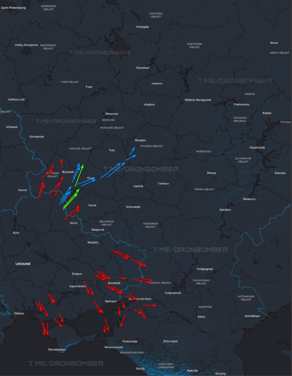 🇺🇦01:00 | 14/01

Approximate flight routes of our aerial targets:

🔴Red arrow — movement directions of strike UAVs;

🔵Blue arrow — movement directions of jet-powered UAVs;

🟢Green arrow — movement directions of cruise missiles;

According to Russian sources, around 50