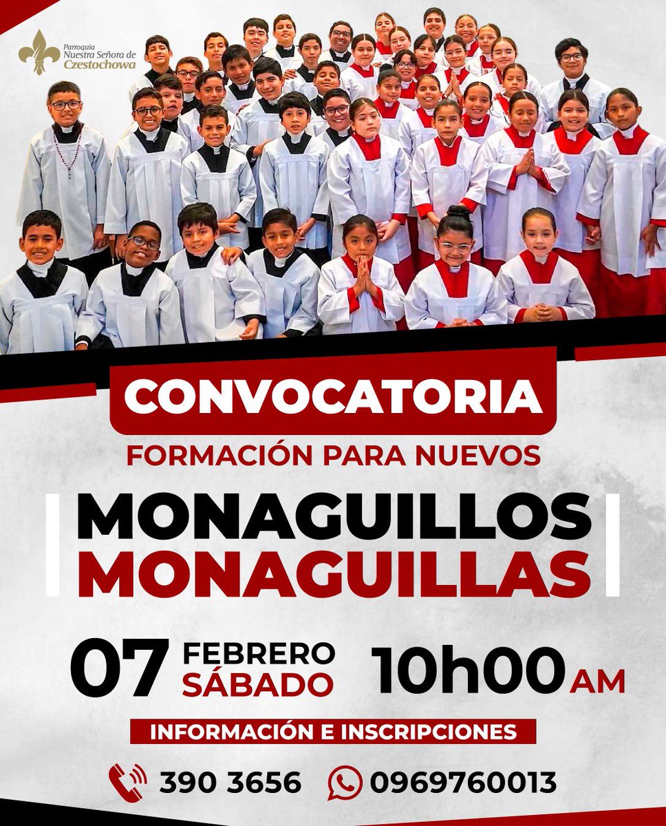 CzestochowaEc's tweet photo. ¿Te gustaría servir como monaguillo y monaguilla? 🙏🏽
Te invitamos a la formación para nuevos monaguillos y monaguillas. Inscríbete a través del WhatsApp Parroquial.
#CzestochowaCrece #Misas #AmorDelBueno #Monaguillos #Monaguillas https://t.co/d6aLlRPLwj
