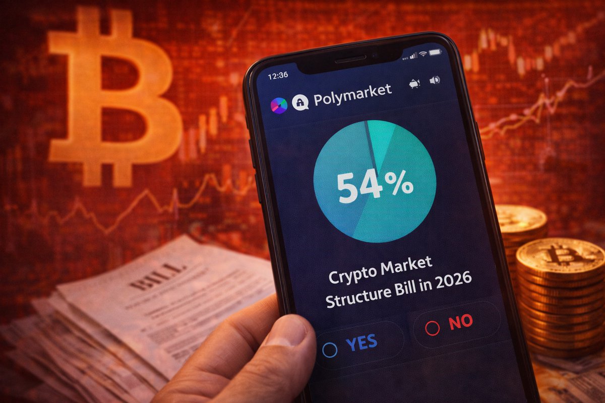 POLYMARKET ODDS RISE TO 54% FOR CRYPTO MARKET STRUCTURE BILL IN 2026 Odds  that a Bitcoin and crypto market structure bill gets signed into law this  year have risen to 54%, according