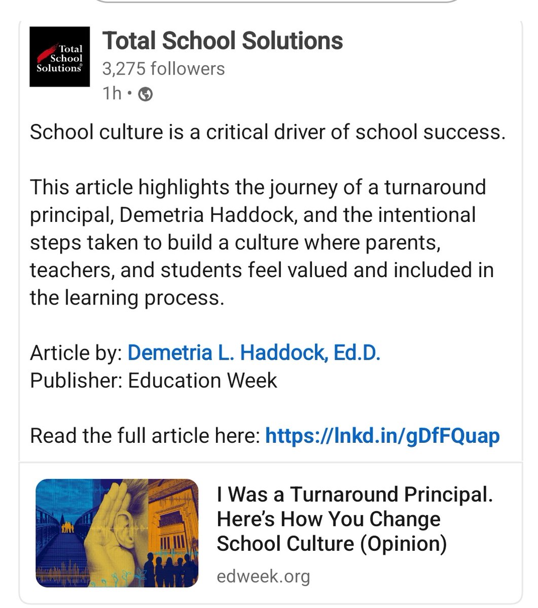 PrincipalDrH's tweet photo. So grateful to @TSchoolSolution for highlighting my work and championing the importance of a healthy, strong school culture. Thank you for the support—let’s work! 💥
#HigherEd #Leadershipmatters #EdWeekOpinionWriter #Schoolculturematters @educationweek https://t.co/dv7YcFqHuM