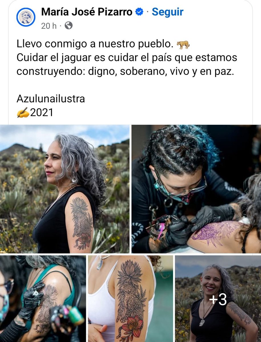 María José Pizarro se Tatuó un Jaguar, dizque porque el Jaguar simboliza al pueblo. No, todos sabemos qué es lo que simboliza ahora mismo y quién decidió apropiarlo. Luego dicen que no son una secta, un culto. Qué desgracia. Y dizque "cuidar al Jaguar" es cuidar al país. No