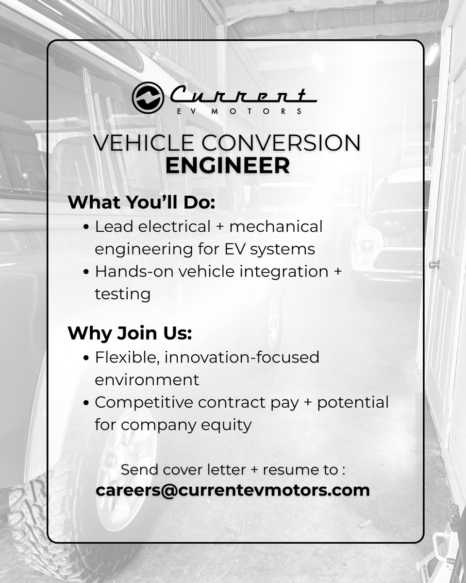 cevmotors's tweet photo. 🚨Join the CEV Team! ⚡️
We are hiring a Vehicle Conversion Engineer and Resto-Mod Technician at our shop in Dripping Springs. 
Check out the basic job requirements. A more detailed description can be found on our website - https://t.co/akDIc01CF0 https://t.co/dw7WHu9qd4