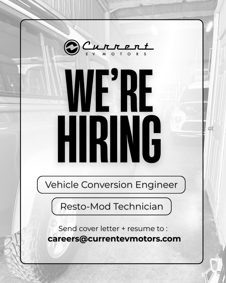 cevmotors's tweet photo. 🚨Join the CEV Team! ⚡️
We are hiring a Vehicle Conversion Engineer and Resto-Mod Technician at our shop in Dripping Springs. 
Check out the basic job requirements. A more detailed description can be found on our website - https://t.co/akDIc01CF0 https://t.co/dw7WHu9qd4