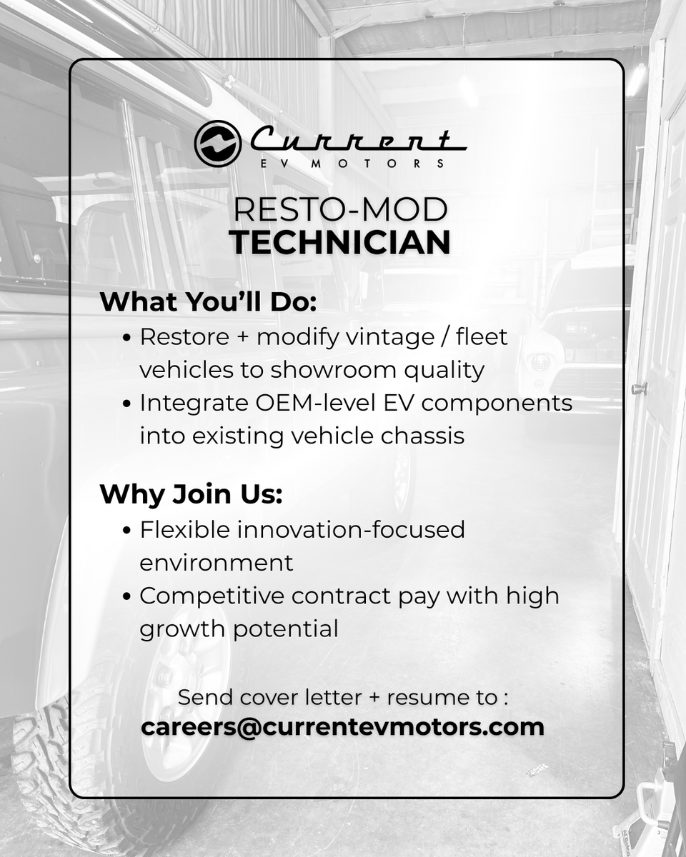 cevmotors's tweet photo. 🚨Join the CEV Team! ⚡️
We are hiring a Vehicle Conversion Engineer and Resto-Mod Technician at our shop in Dripping Springs. 
Check out the basic job requirements. A more detailed description can be found on our website - https://t.co/akDIc01CF0 https://t.co/dw7WHu9qd4