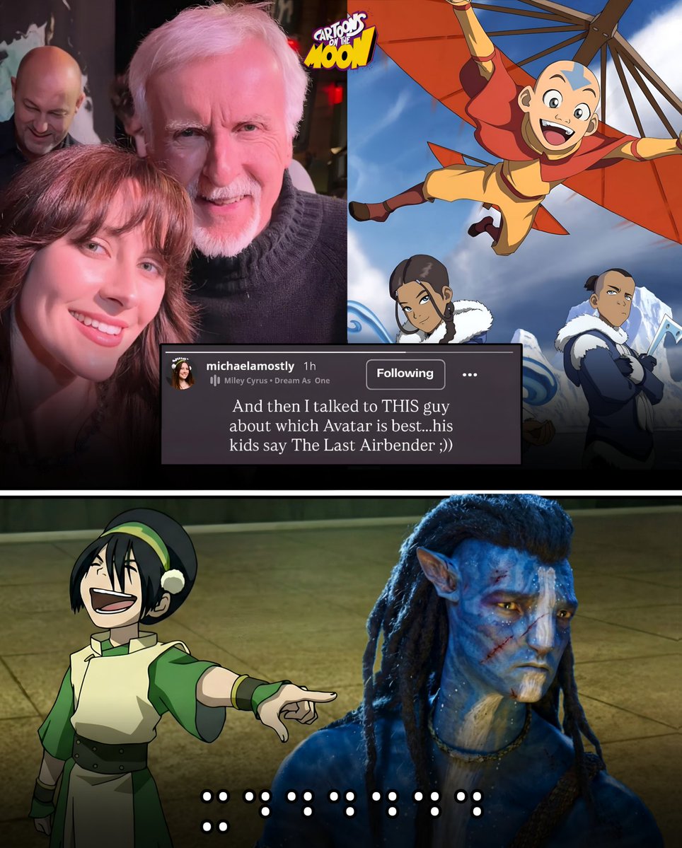 CartoonsOTMoon's tweet image. La actriz de voz de Toph le preguntó a James Cameron cuál "AVATAR" es mejor:

Para sorpresa de todos, Cameron confesó que ni siquiera él tiene el apoyo de su familia en este debate.

Sus propios hijos prefieren 'La Leyenda de Aang' sobre sus películas