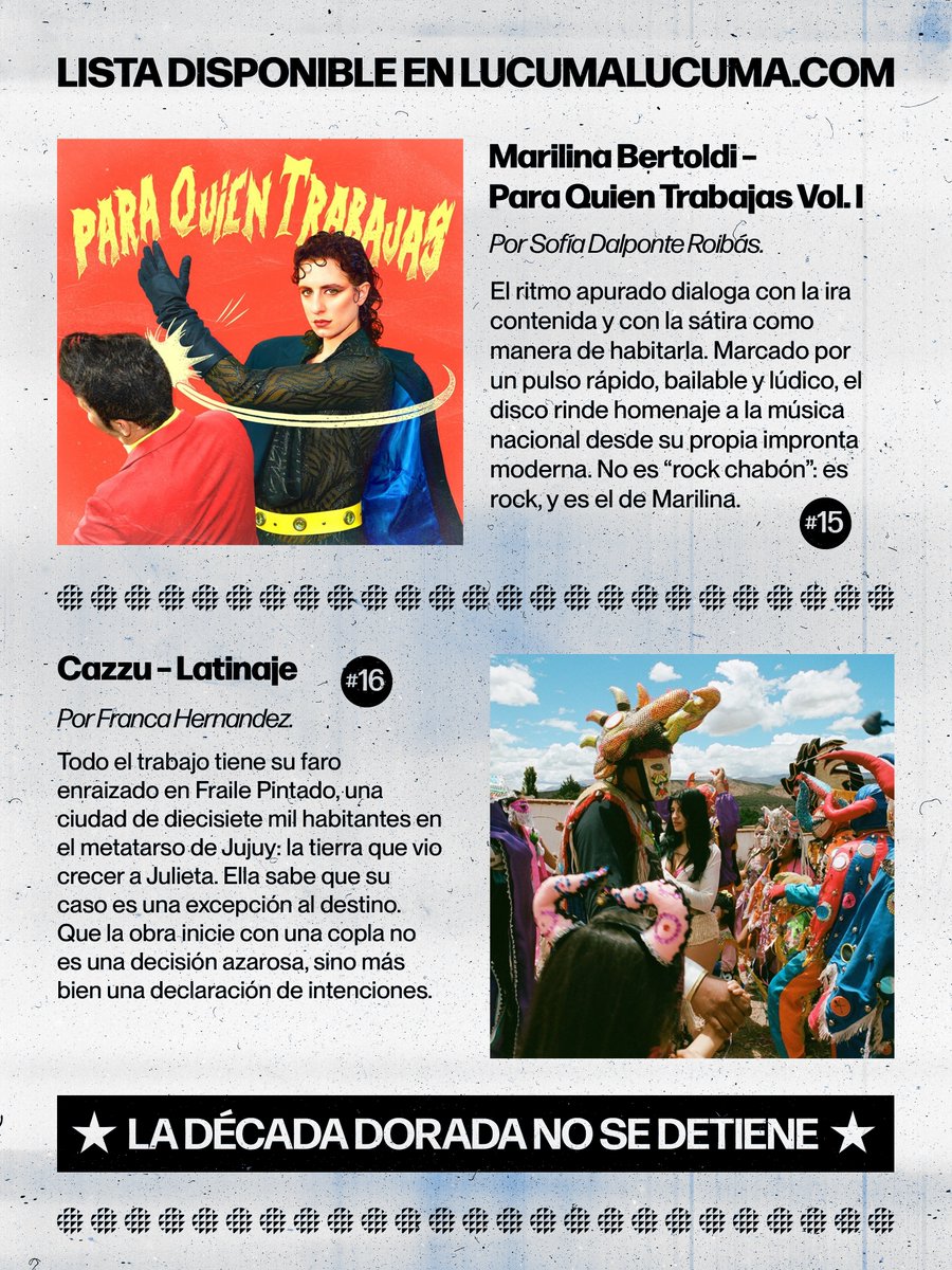 lucumalucuma's tweet image. Si no sabés, @bazsofia_  y @FranHernandezN te ayudan a entender que es la polenta con las obras de @MarilinaBrtoldi y @cazzuoficial.

📚 Link fijado en el perfil a Los 60 de 2025: Discos Argentinos del año.